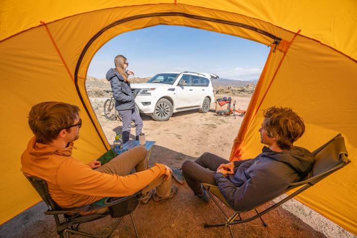 GearJunkie Testers Hanging Out Under Camping Tent Vestibule